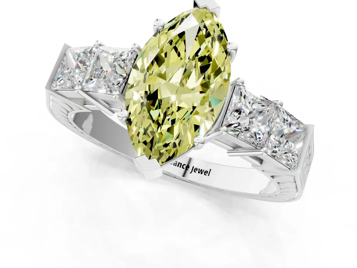Fancy Yellow Marquise Cut Solitaire Princess Side Stone Engraved Band Prong Setting Ring Silver