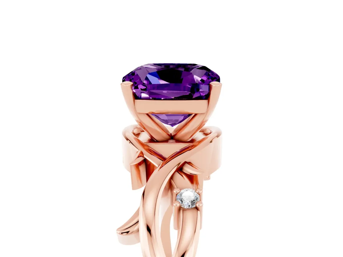 Cushion Cut Amethyst Solitaire Ring with Twisted Band and Prong Setting Rose gold