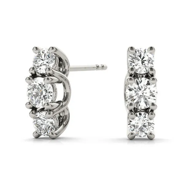 Three-Stone Round Diamond Channel Band Prong-Set Earrings Silver
