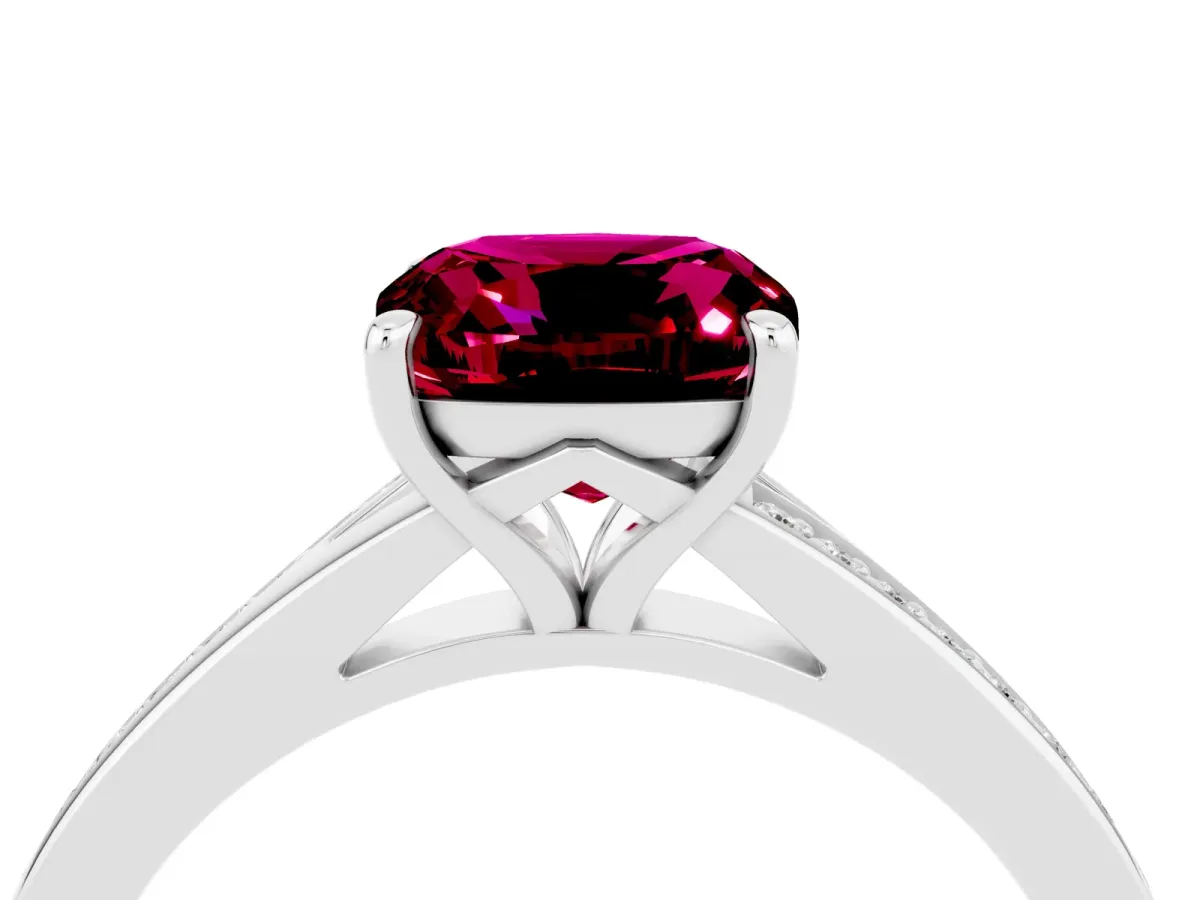 Cushion Cut Garnet Solitaire Ring with Pavé Band and Prong Setting Silver
