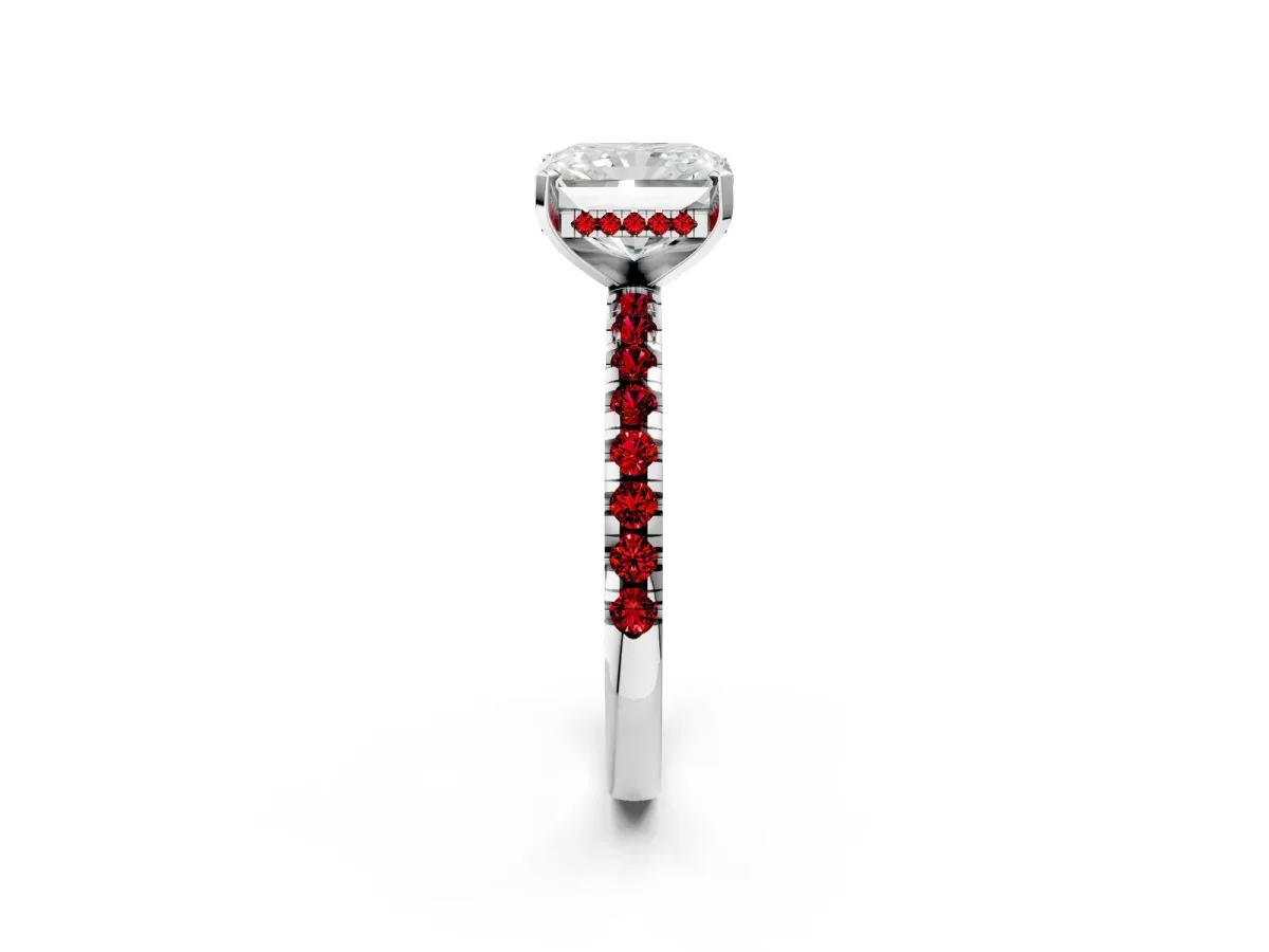 Radiant Cut Diamond Solitaire Ring with Round Ruby Pavé Band and Four-Prong Setting Platinum
