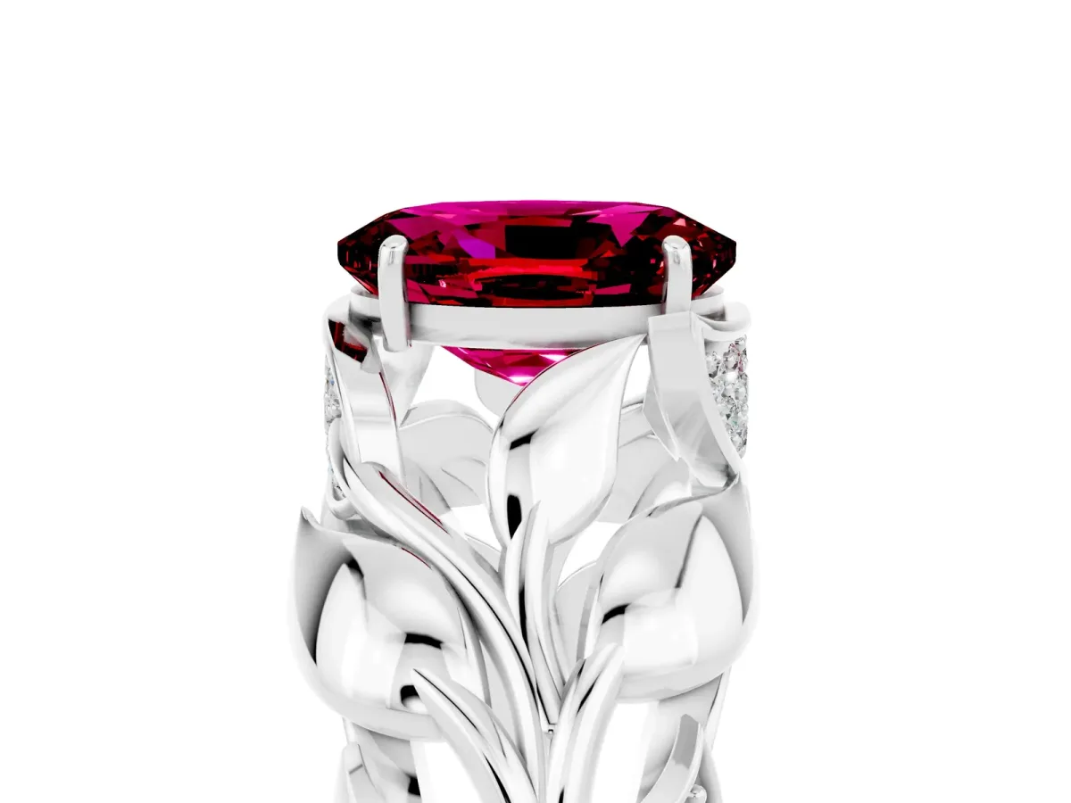 Oval Cut Garnet Leaf-Inspired Engagement Ring with Round Accents and Prong Setting Platinum