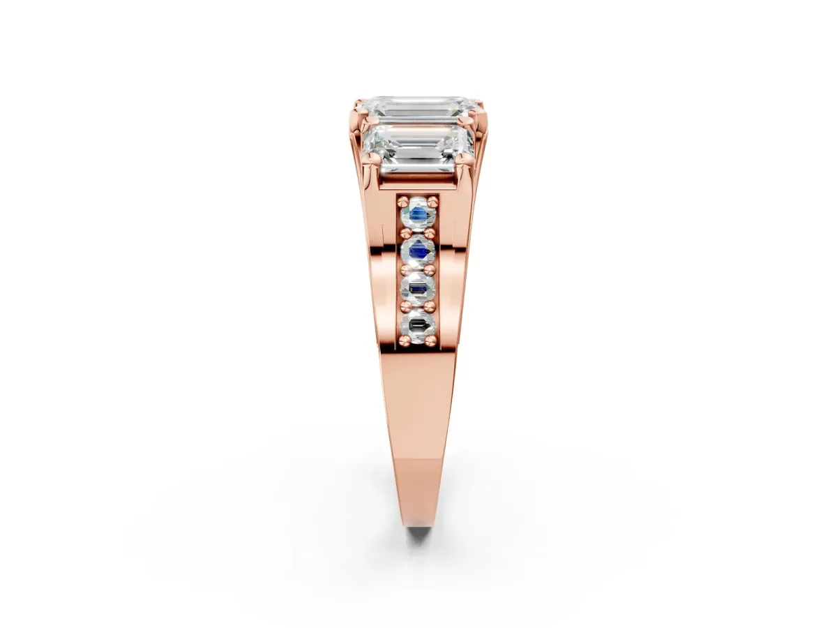 Emerald Cut Diamond Three-Stone Ring with Channel Set Band and Four-Prong Setting Rose gold