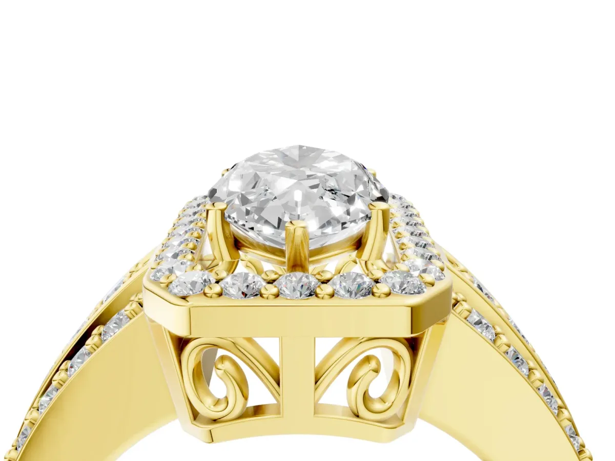 Marquise Cut Halo Diamond Ring with Round Split Shank and Prong Setting Yellow gold
