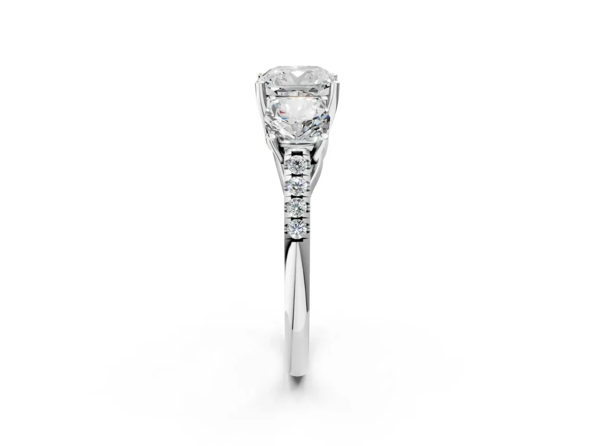 Three-Stone Cushion Cut Diamond Ring with Round Pavé Band and Prong Setting Silver