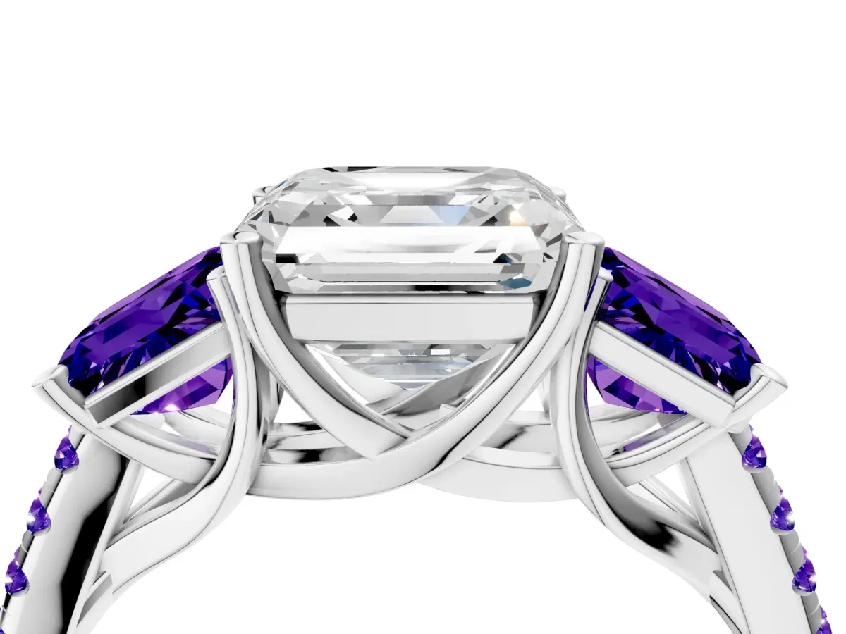 Three-Stone Asscher Cut Diamond Ring with Round Tanzanite Pavé Band and Prong Setting Silver