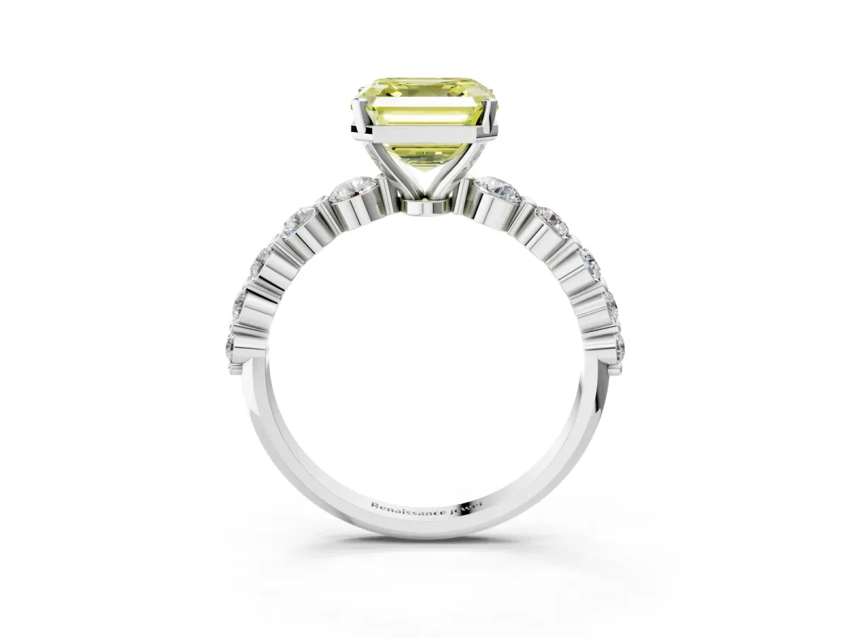 Fancy Yellow Asscher Cut Solitaire Diamond Ring with Pave Band and Four-Prong Setting Silver