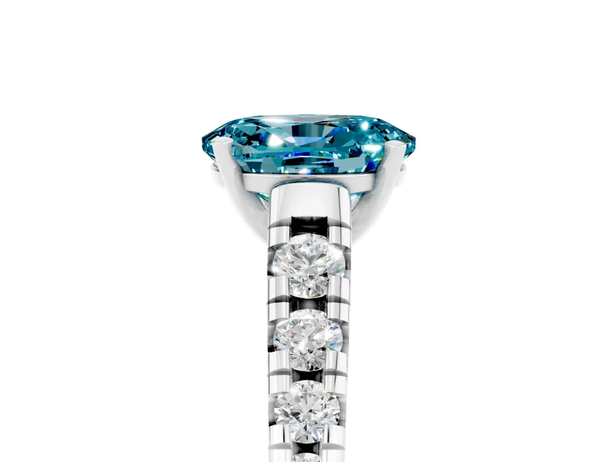 Oval Cut Blue Topaz Cathedral Solitaire Ring with Round Pavé Band Silver