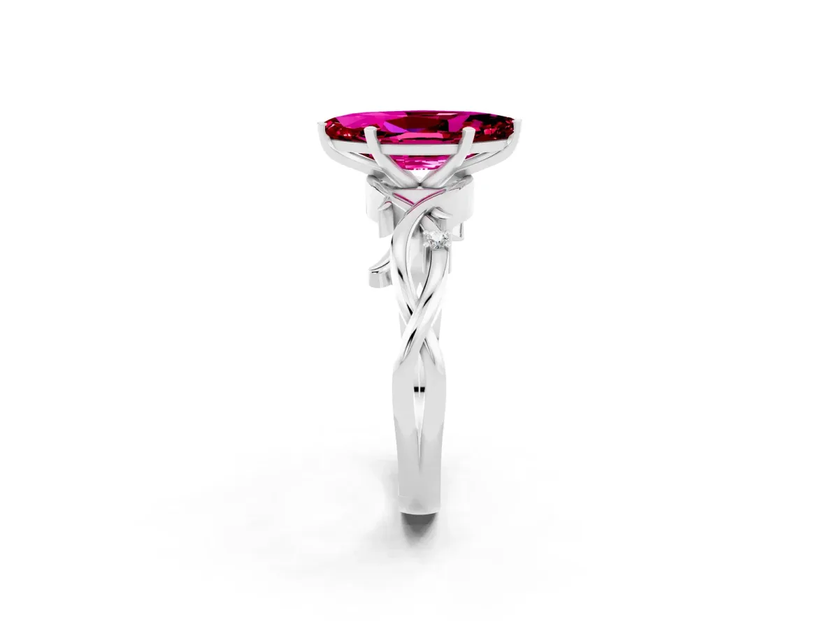 Marquise Cut Garnet Solitaire Ring with Milgrain Pavé Band and Four-Prong Setting Silver