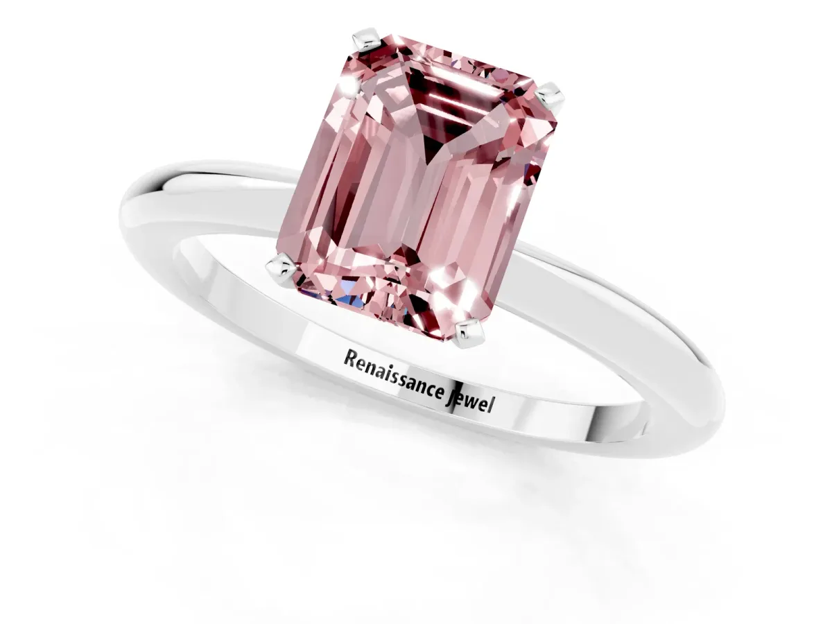 Emerald Cut Morganite Solitaire Ring with Six-Prong Setting and Classic Band Platinum