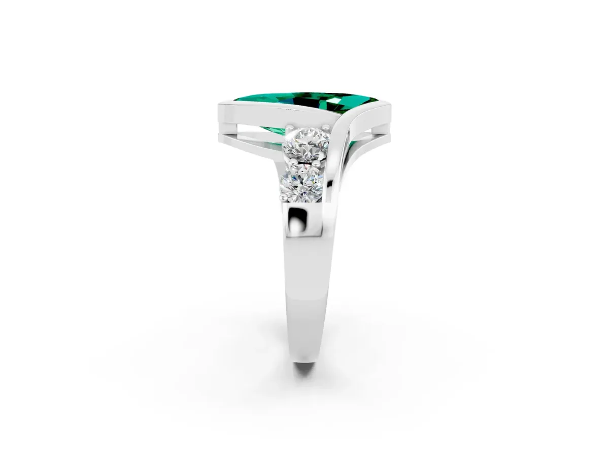 Bezel Set Marquise Cut Emerald Bypass Ring with Round Accents Platinum