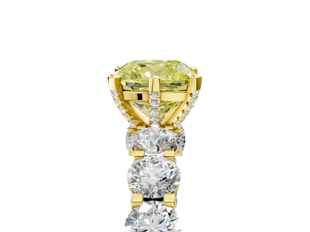 Fancy Yellow Cushion Cut Diamond Side Stone Engagement Ring with Four-Prong Setting Yellow gold