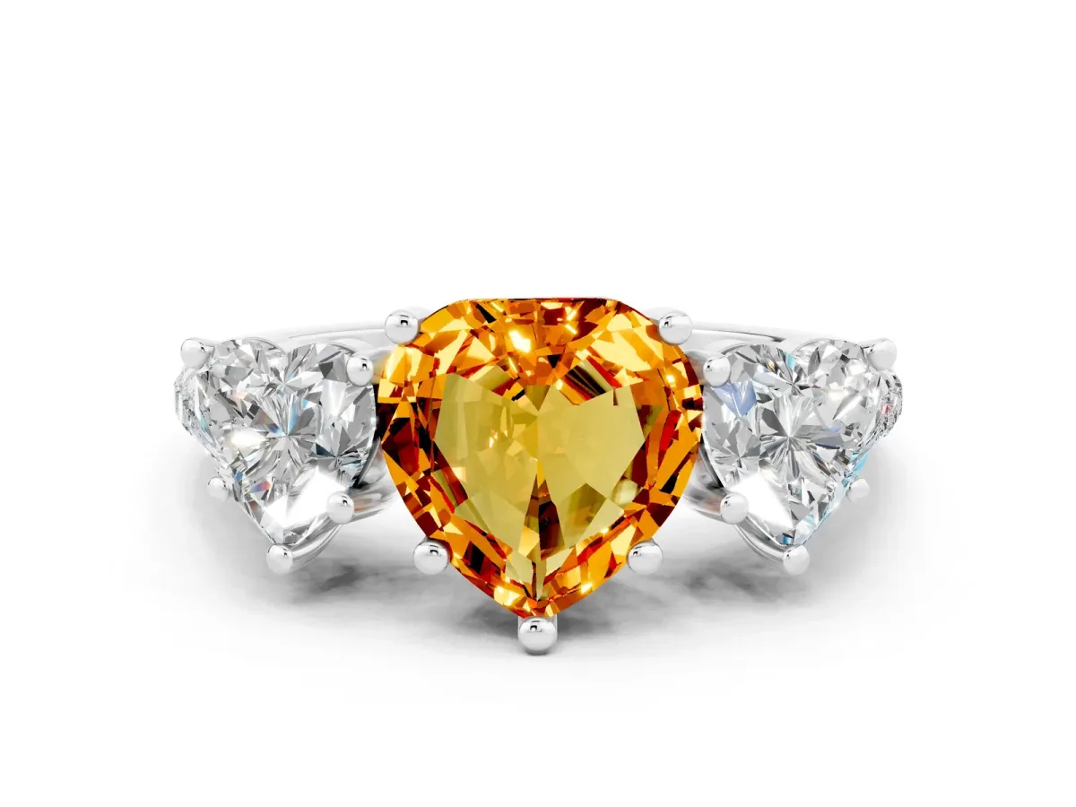 Three-Stone Heart Cut Citrine Ring with Round Pavé Band and Prong Setting Silver