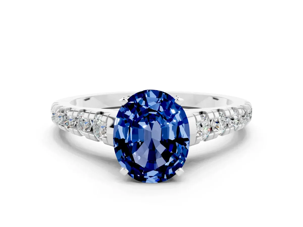 Oval Cut Blue Sapphire Cathedral Solitaire Ring with Round Pavé Band Silver