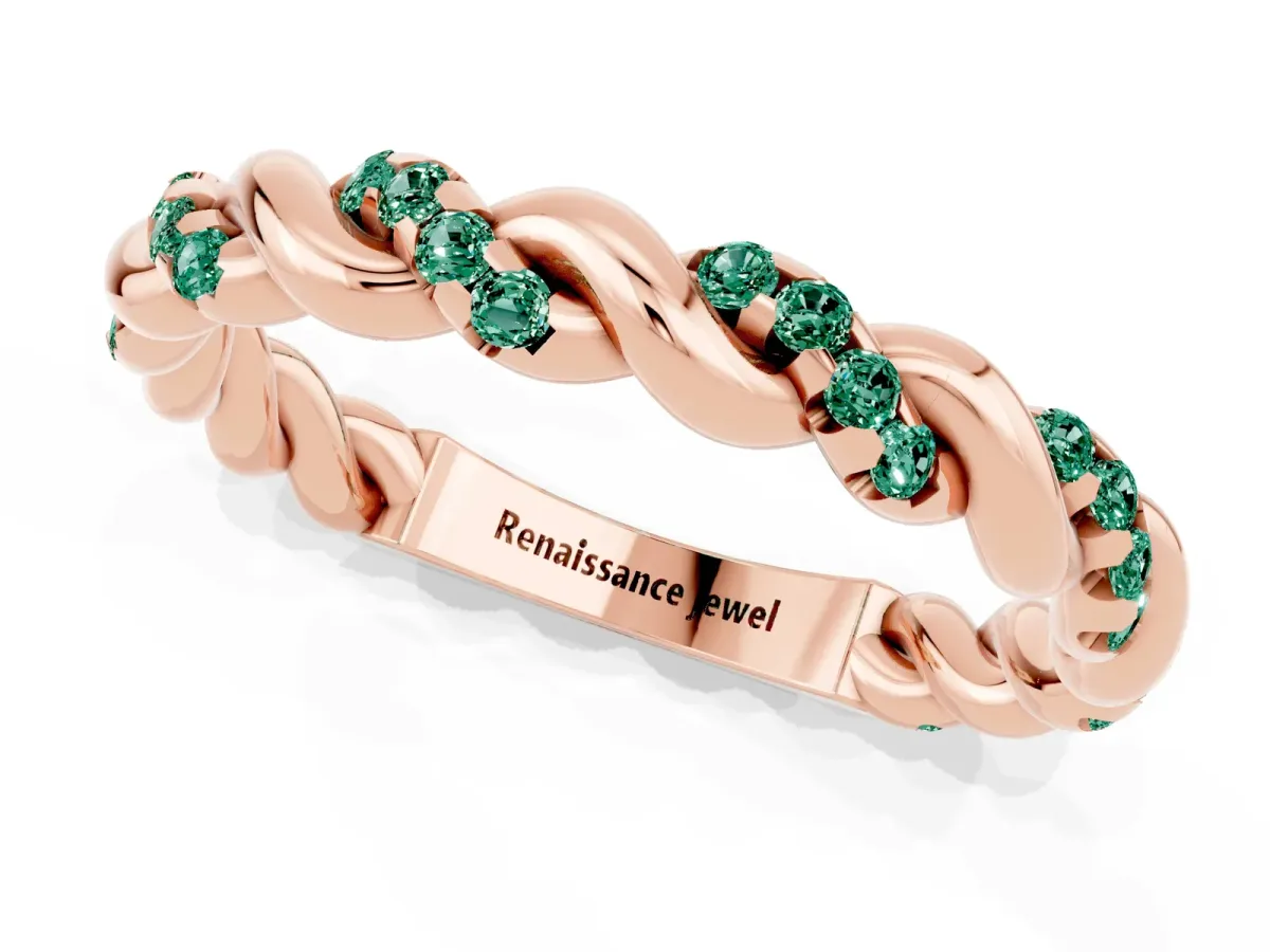 Twisted Pavé Round Green Sapphire Eternity Band Rose gold