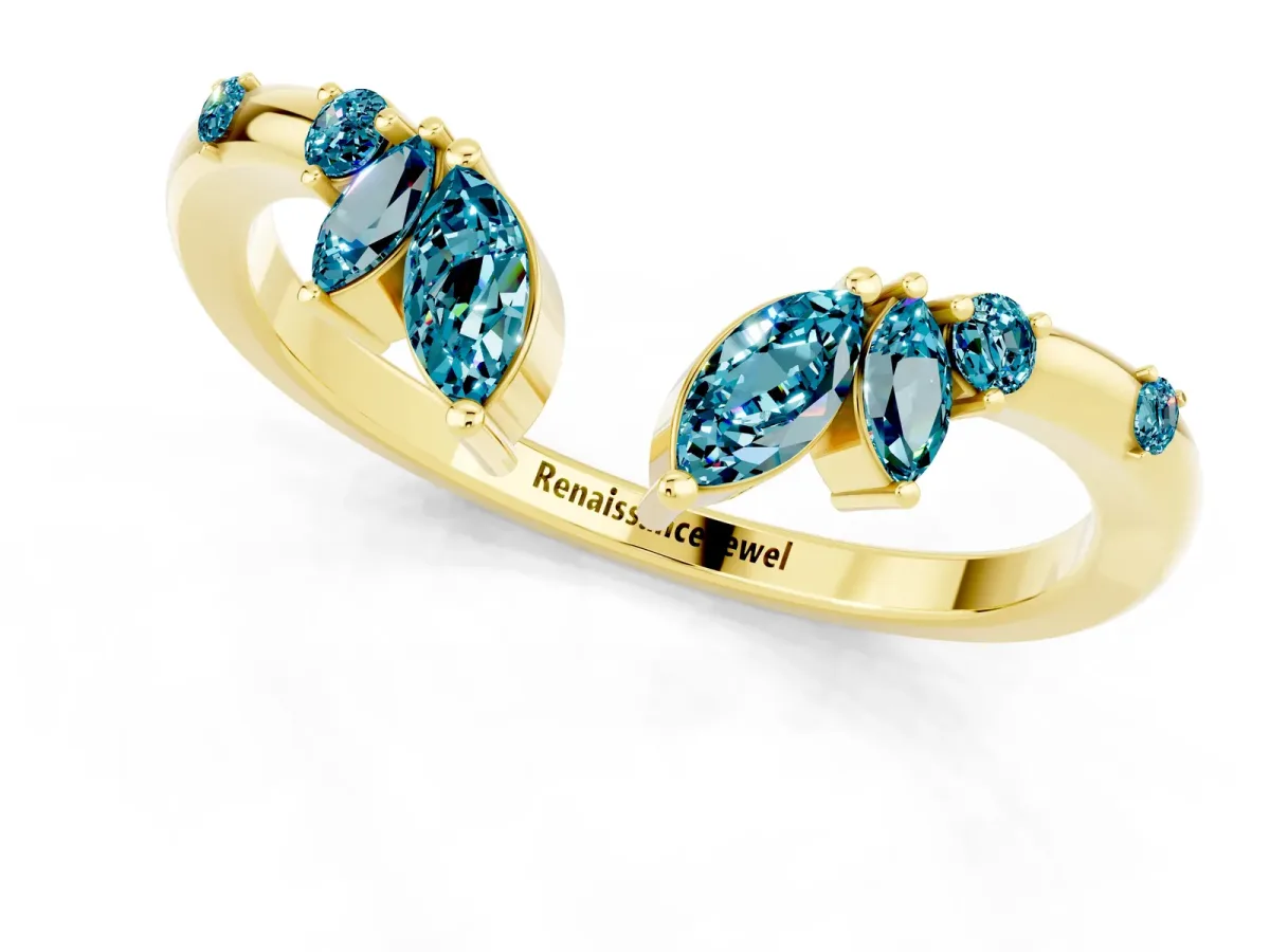 Open Marquise Cluster Blue Topaz Band with Prong Setting Yellow gold