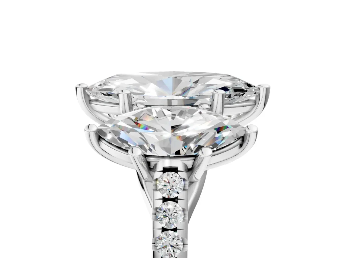 Three-Stone Marquise Cut Diamond Ring with Round Moissanite Pavé Band and Prong Setting Silver