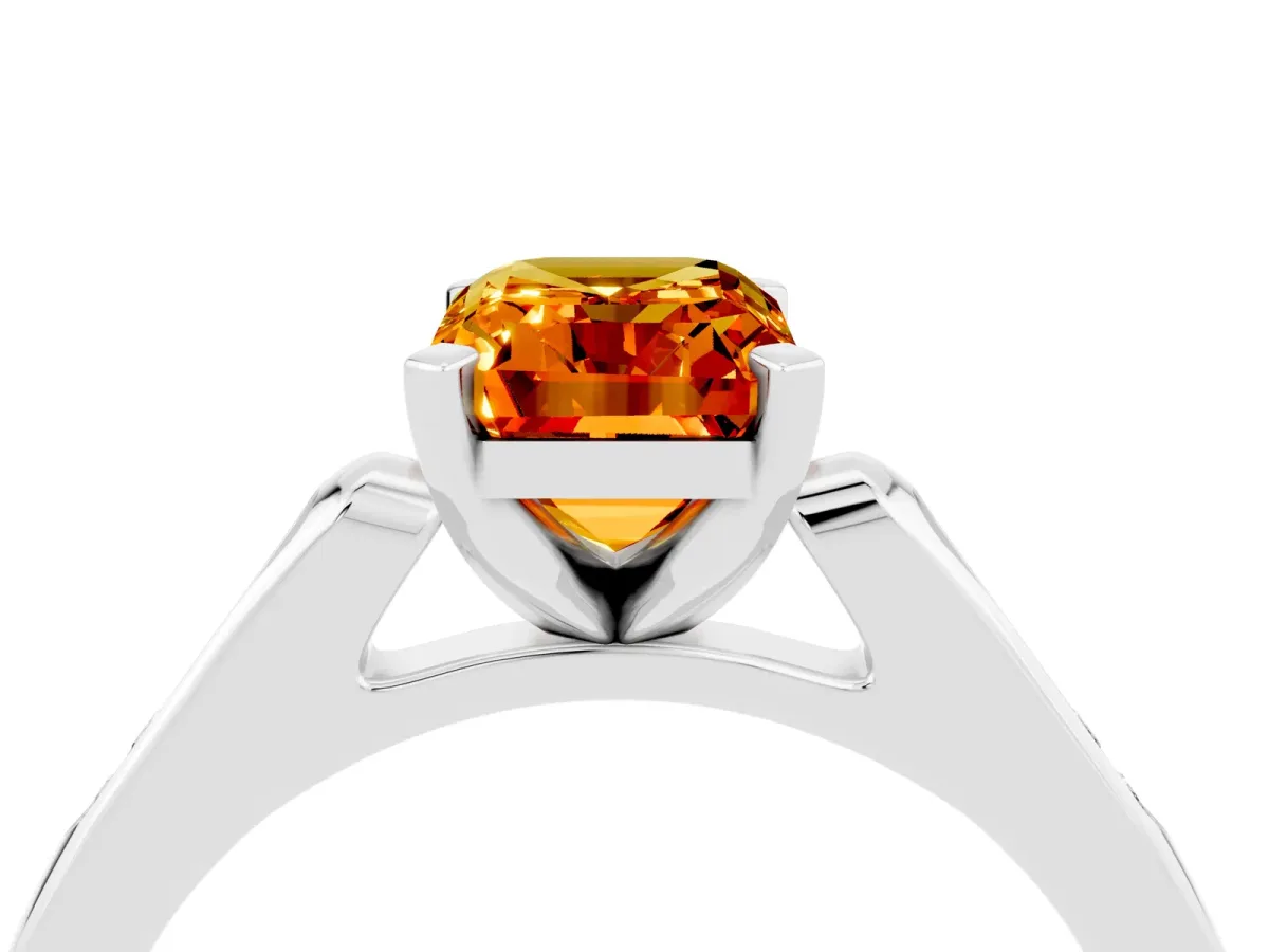 Emerald Cut Citrine Solitaire Ring with Channel Set Round Band and Prong Setting White gold