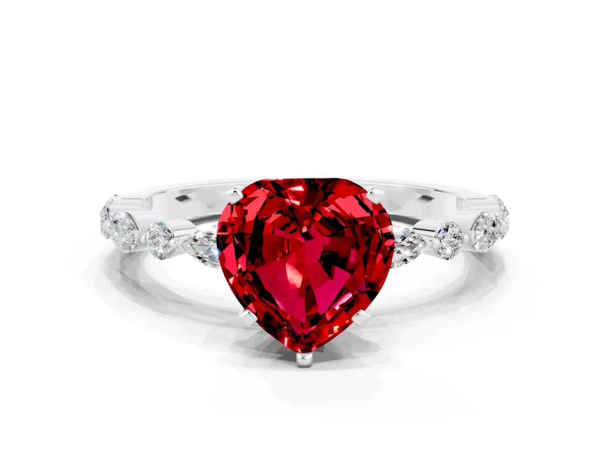 Heart Cut Ruby Ring with Marquise and Round Side Stones and Four-Prong Setting White gold