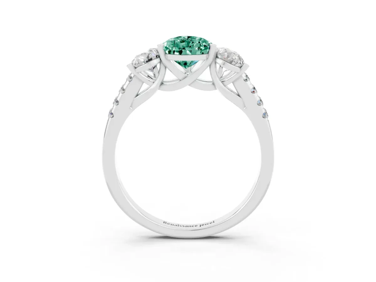 Three-Stone Pear Cut Green Sapphire Ring with Round Pavé Band and Prong Setting Silver