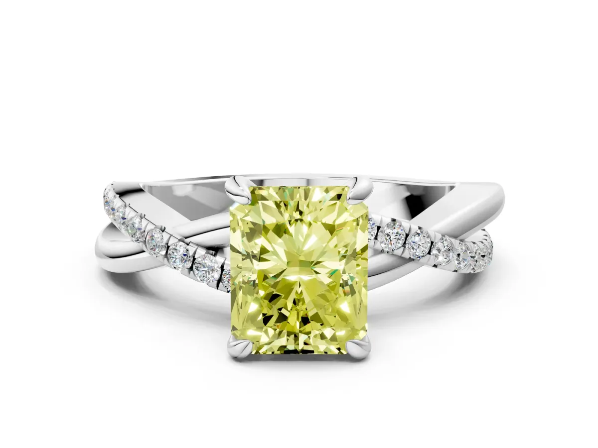 Fancy Yellow Radiant Cut Cut Twist Band Solitaire Diamond Ring with Pavé Setting Platinum