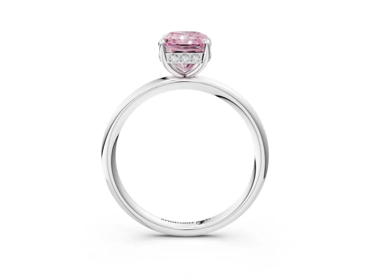 Fancy Pink Radiant Cut Solitaire Diamond Ring with a Classic Band and Four-Prong Setting Platinum