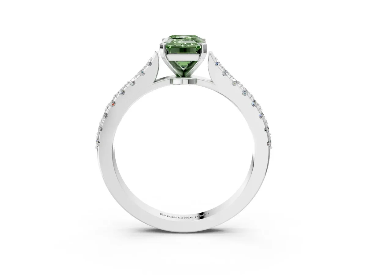 Fancy Green Emerald Cut Cut Solitaire Diamond Engagement Ring with Pave Band and Four-Prong Setting Silver