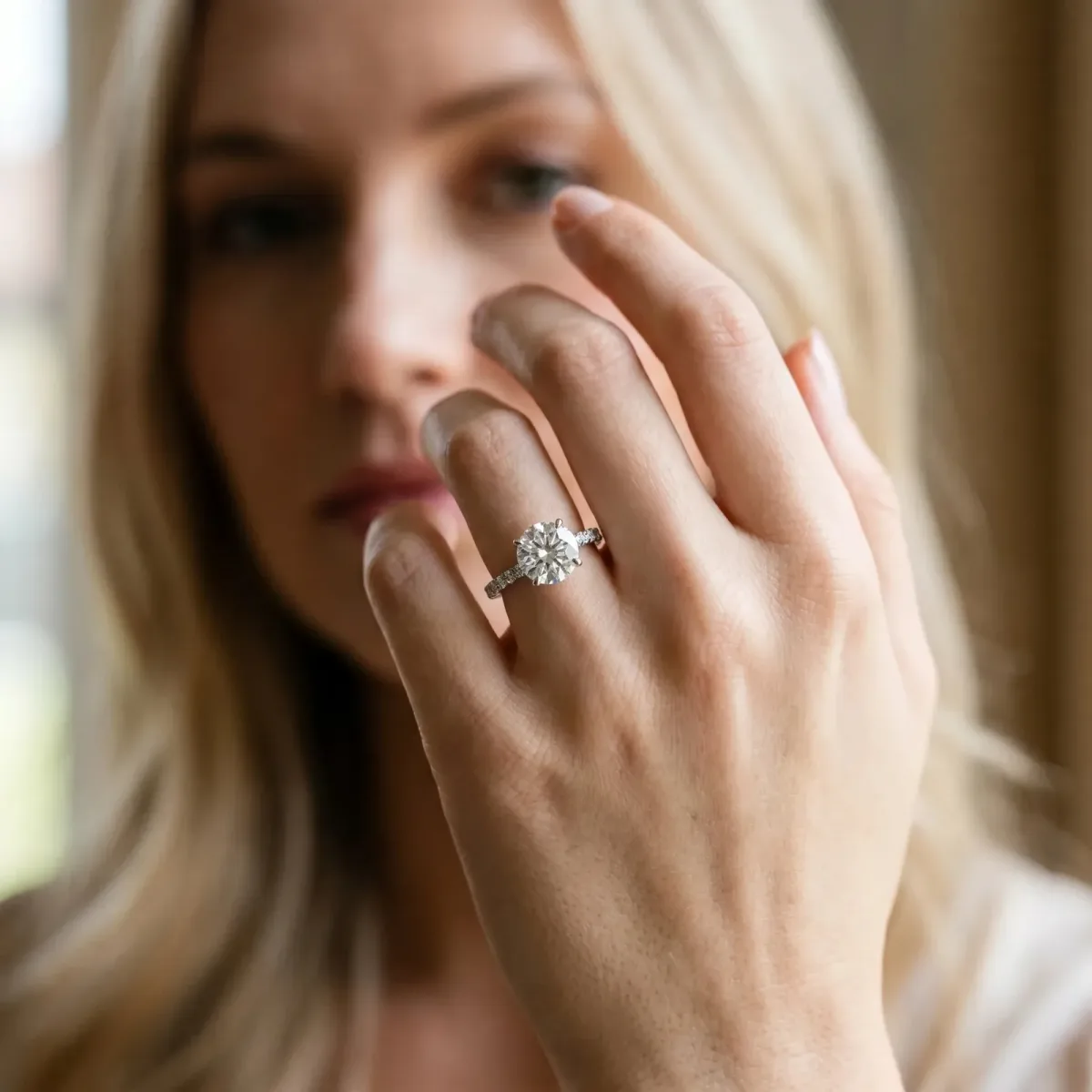 Round Cut Diamond Solitaire Engagement Ring with Pavé Band and Four-Prong Setting Silver