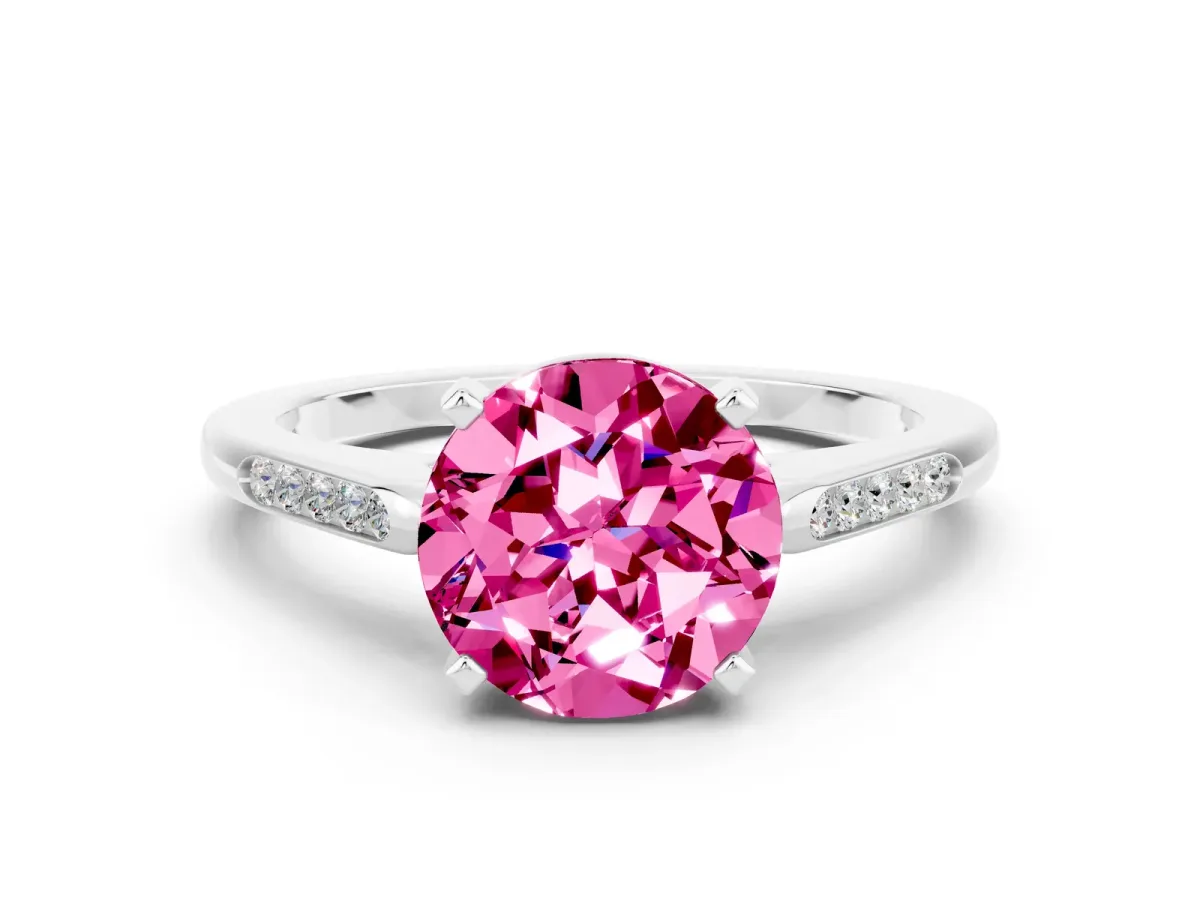 Round Cut Pink Sapphire Solitaire Ring with Channel Set Round Band and Prong Setting Silver