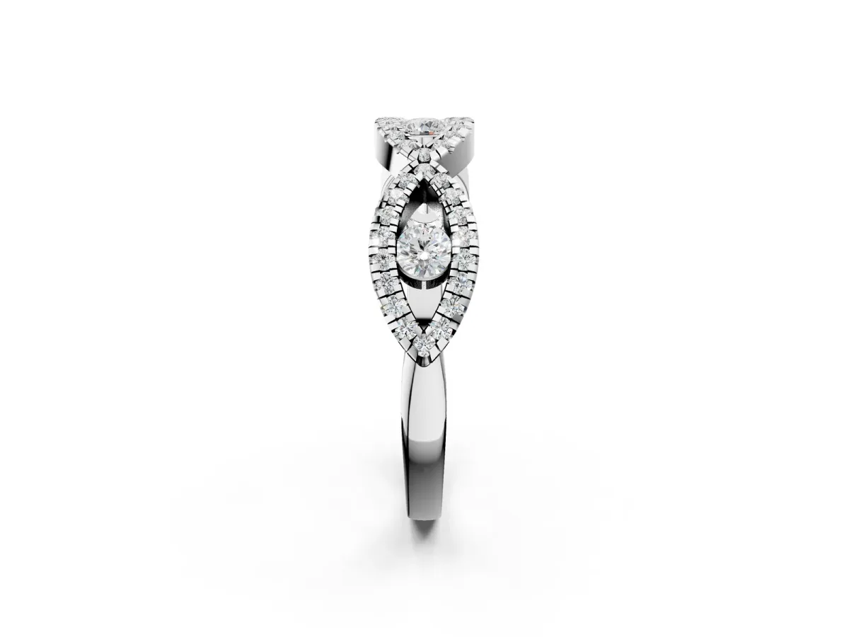Round Diamond Marquise Halo Twist Band with Pavé Setting Silver