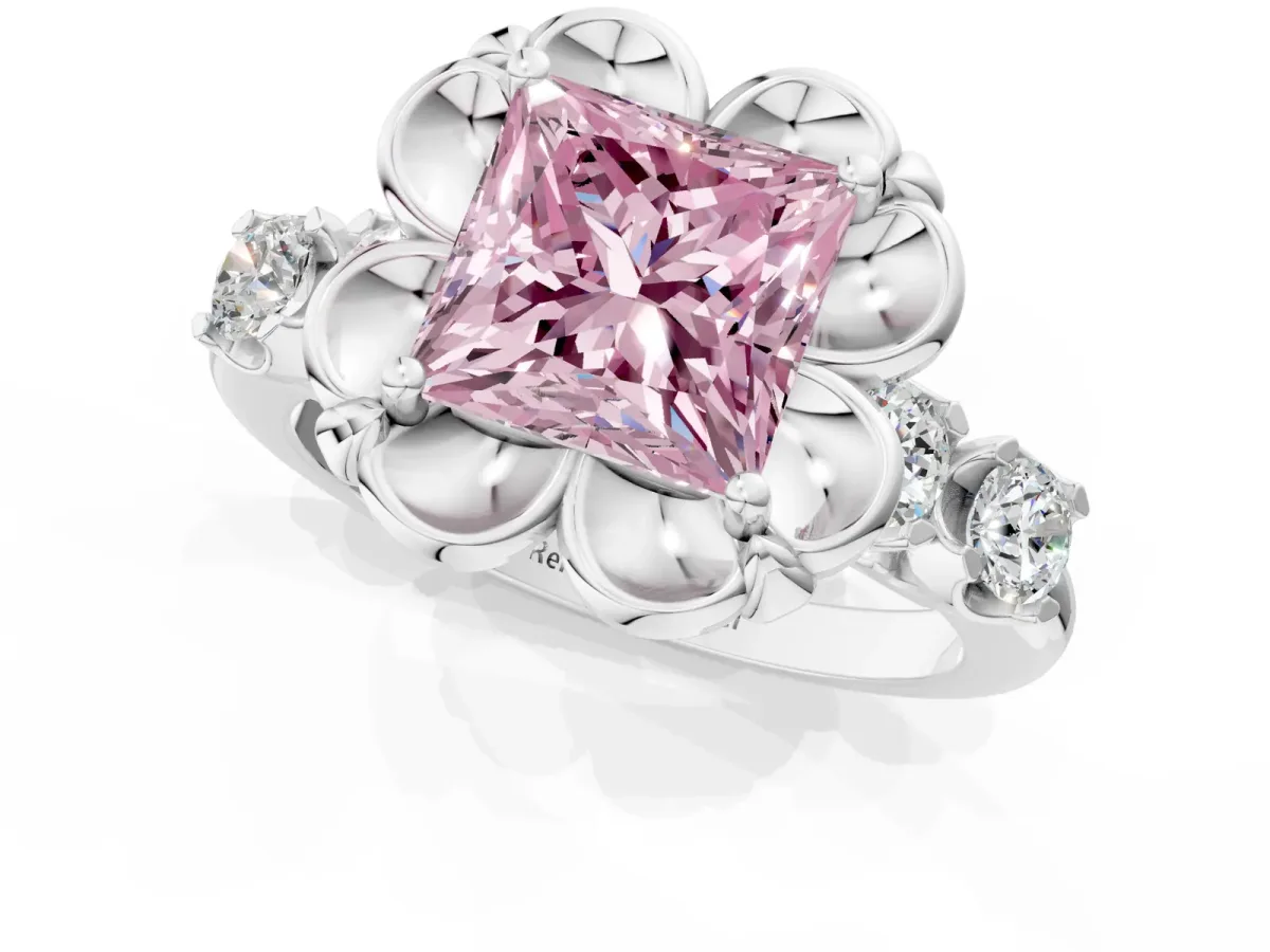Fancy Pink Princess Cut Cut Diamond Floral Halo Engagement Ring with Shared Prong Setting Silver
