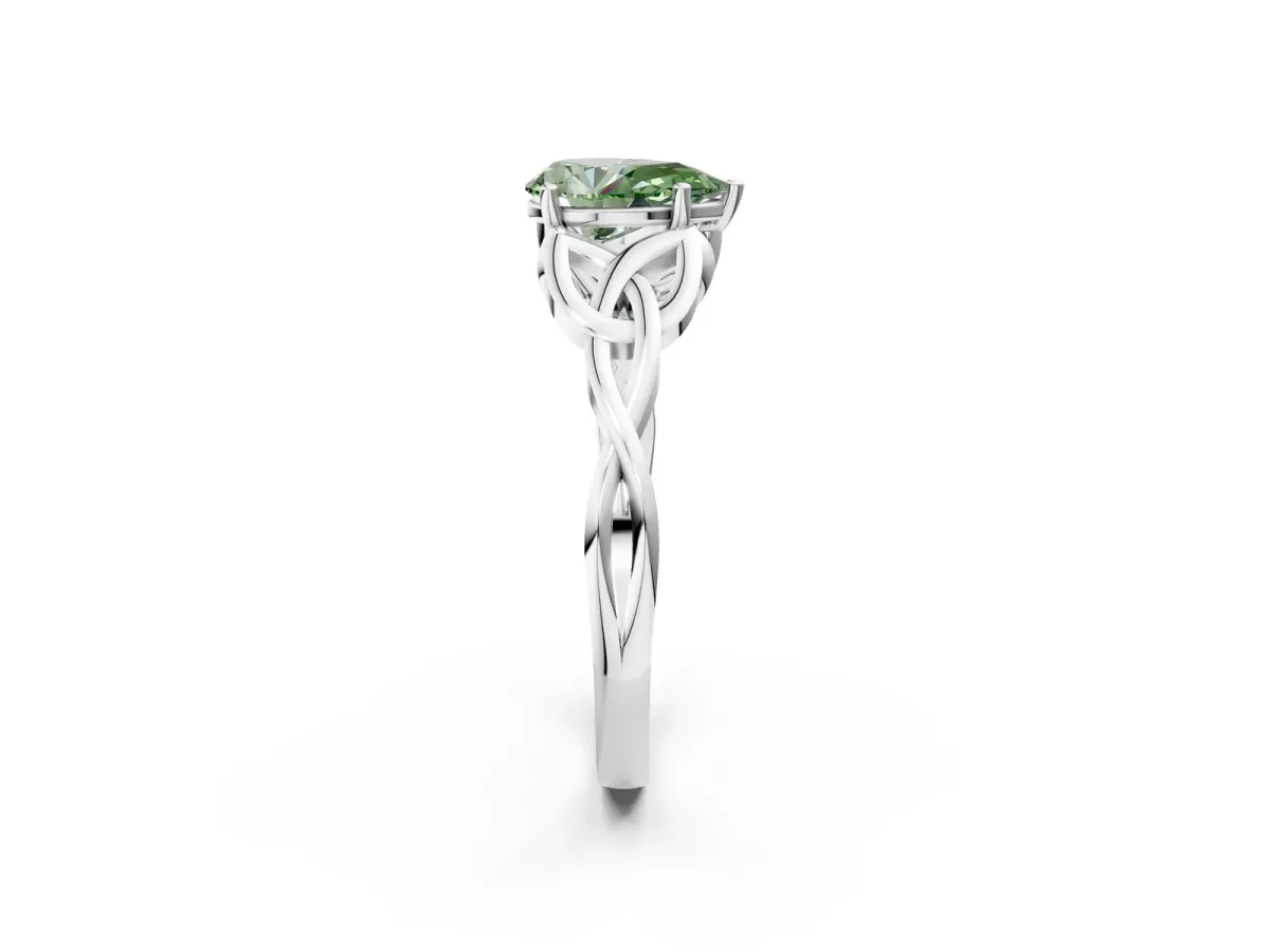 Fancy Green Pear Cut Diamond Solitaire Celtic Knot Ring with Four-Prong Setting White gold