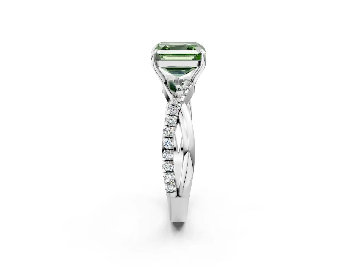 Fancy Green Asscher Cut Cut Diamond Twisted Band with Pavé Setting and Four-Prong Setting Platinum