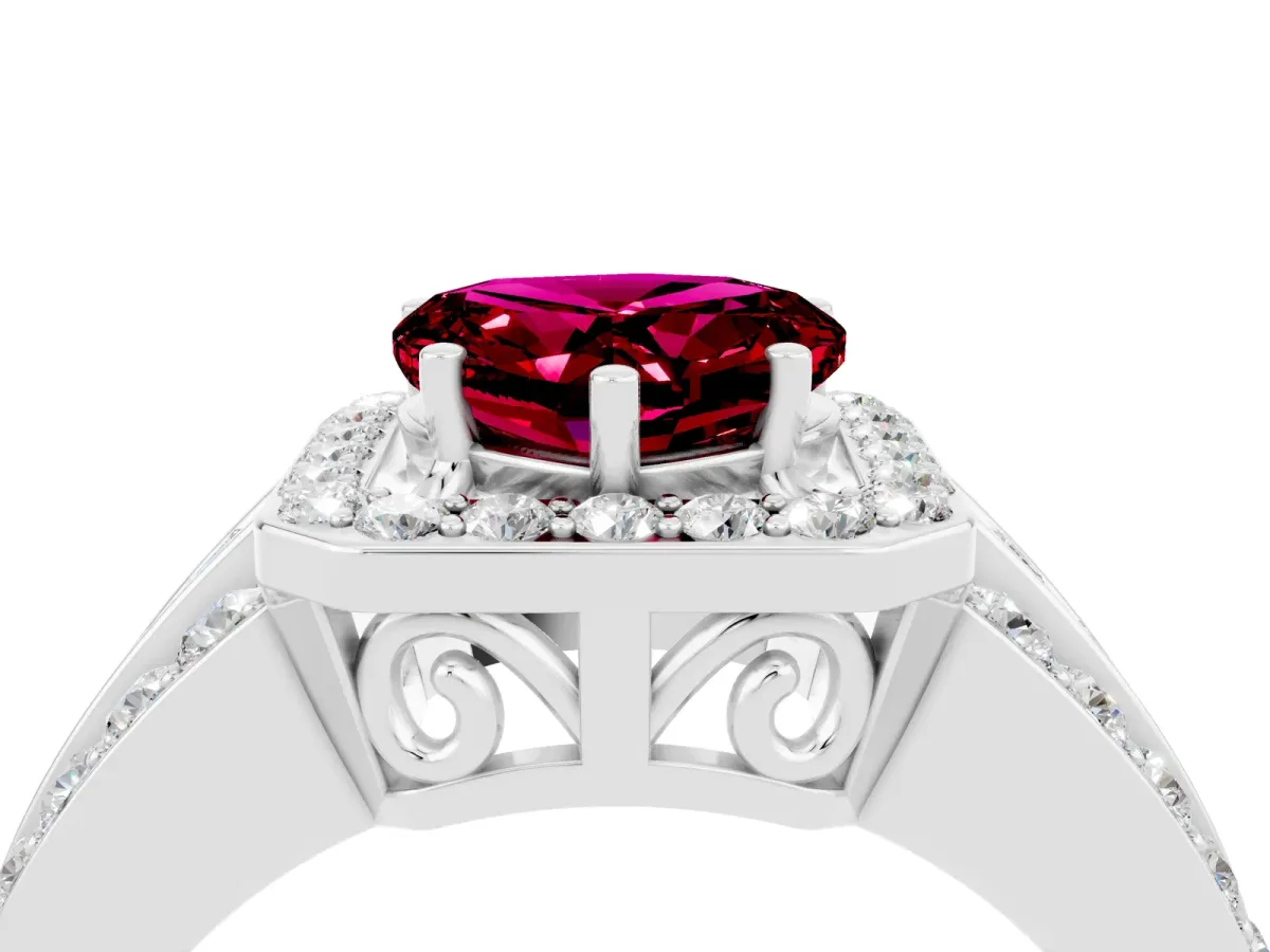 Heart Cut Halo Garnet Ring with Round Split Shank and Prong Setting Platinum