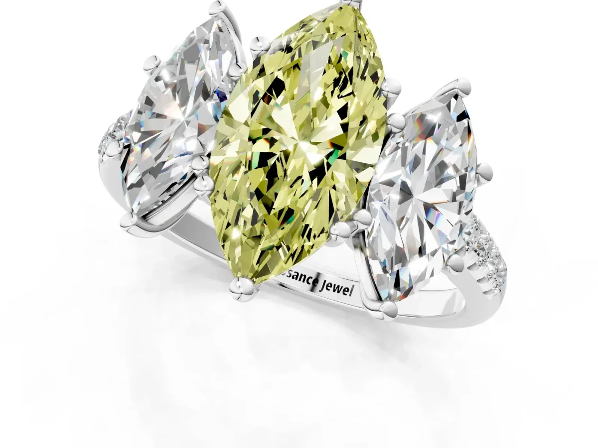 Fancy Yellow Three-Stone Marquise Cut Diamond Ring with Round Pavé Band and Prong Setting Silver