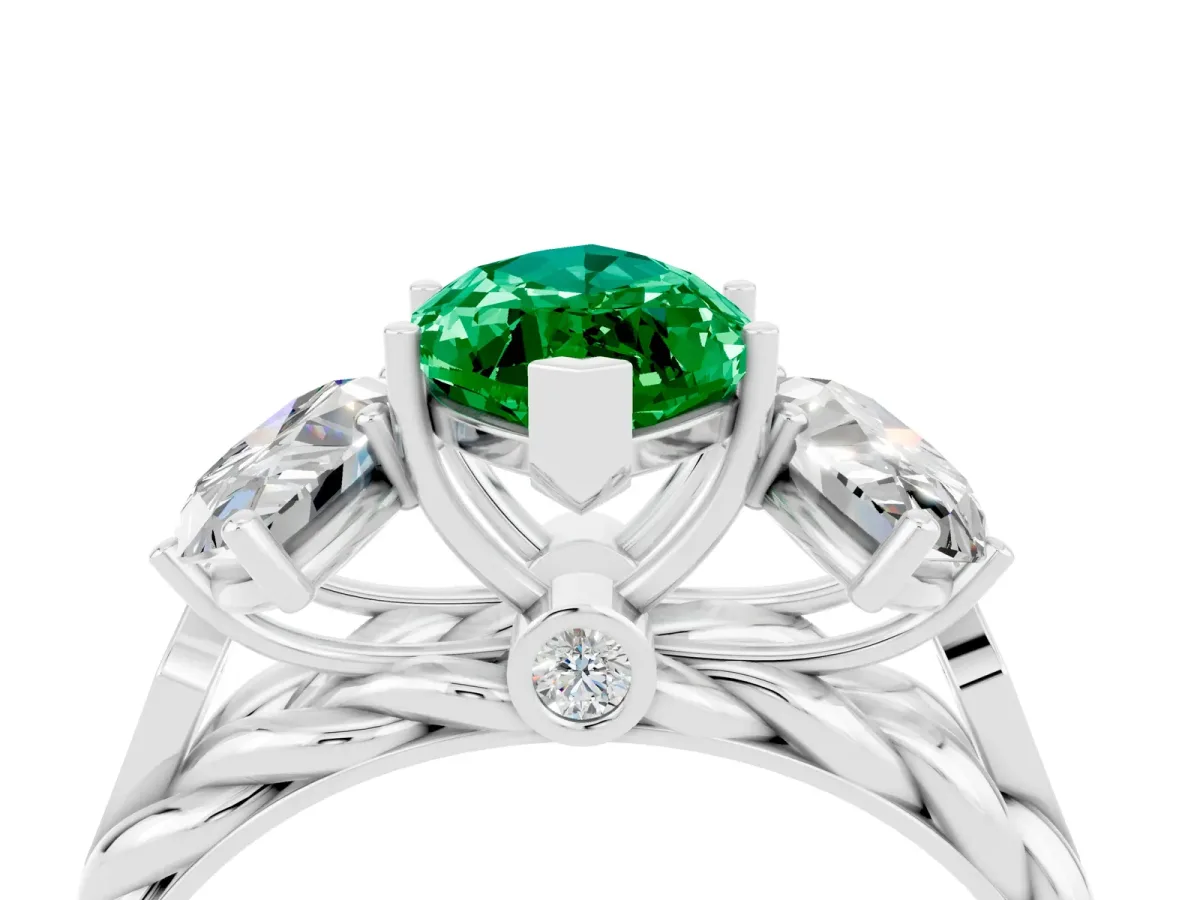 Three-Stone Marquise Cut Emerald Braided Band Ring with Four-Prong Setting White gold