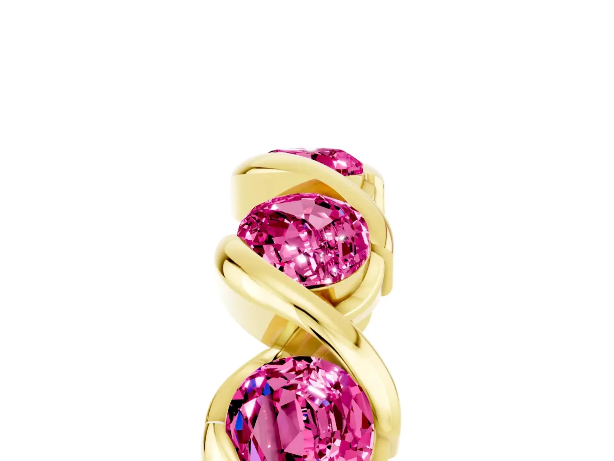 Round Pink Sapphire Wave Band with Channel Setting and Shared Prongs Yellow gold