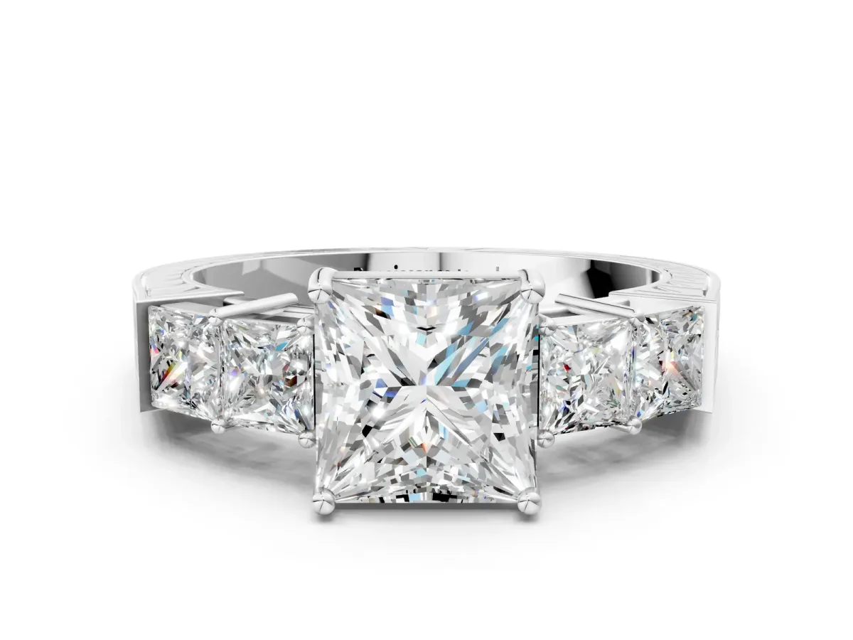 Princess Cut Solitaire Princess Side Stone Engraved Band Prong Setting Ring Platinum
