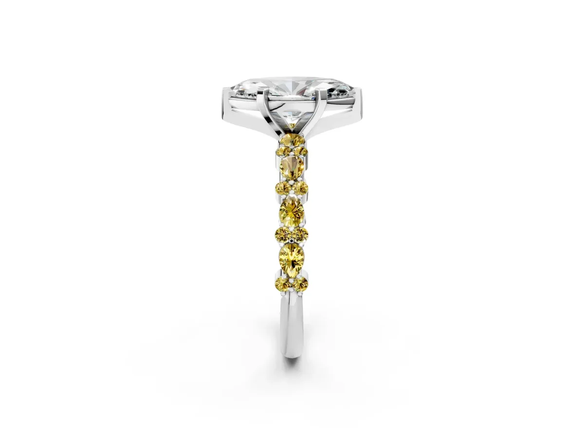 Marquise Cut Diamond Side Stone Solitaire Ring with Round Yellow Sapphire and Four-Prong Setting Silver