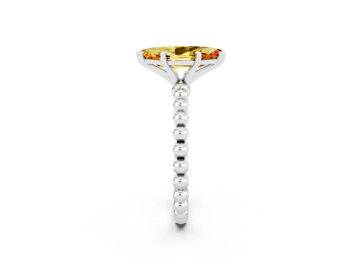 Marquise Cut Citrine Solitaire Ring with Beaded Band and Prong Setting Platinum