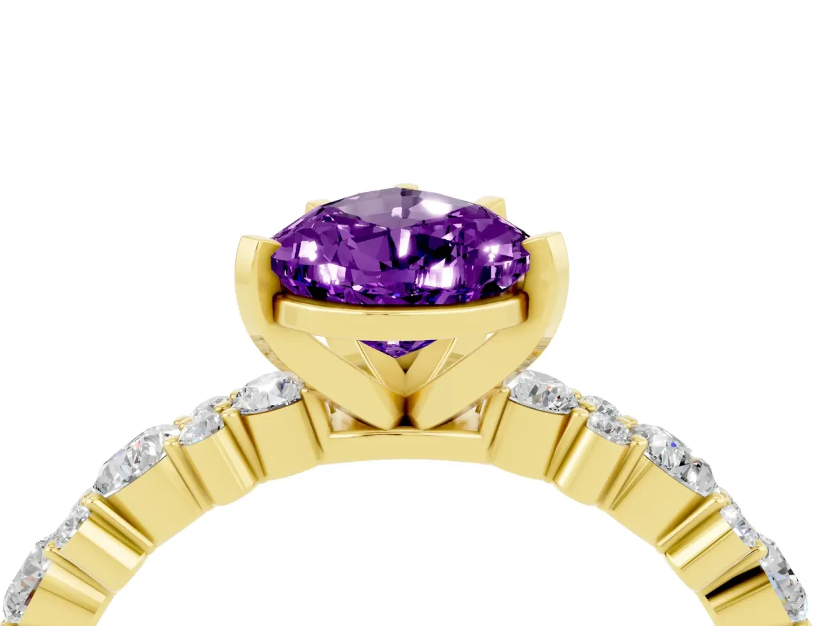 Pear Cut Amethyst Side Stone Solitaire Ring with Round and Four-Prong Setting Yellow gold