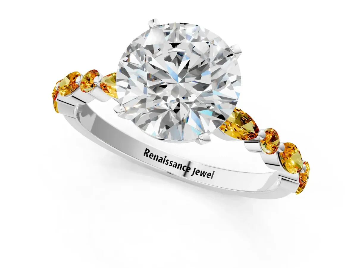 Round Cut Diamond Ring with Marquise and Round Citrine Side Stones and Four-Prong Setting Silver