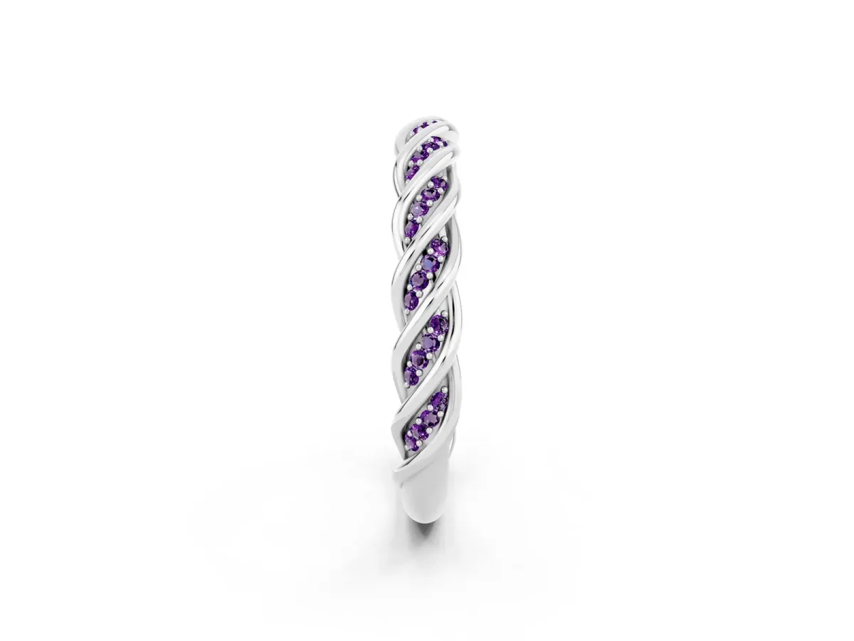 Twisted Pavé Round Amethyst Eternity Band with Shared Prong Setting White gold