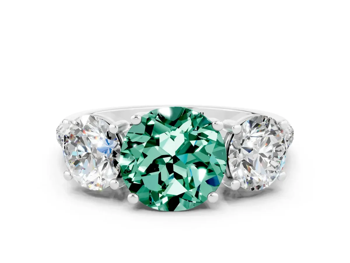 Three-Stone Round Cut Green Sapphire Ring with Round Pavé Band and Prong Setting Silver