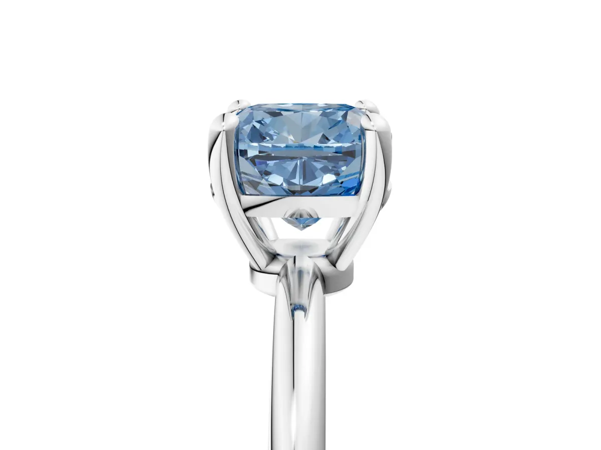 Fancy Blue Cushion Cut Solitaire Diamond Ring with 4-Prong Setting on a Classic Band Silver