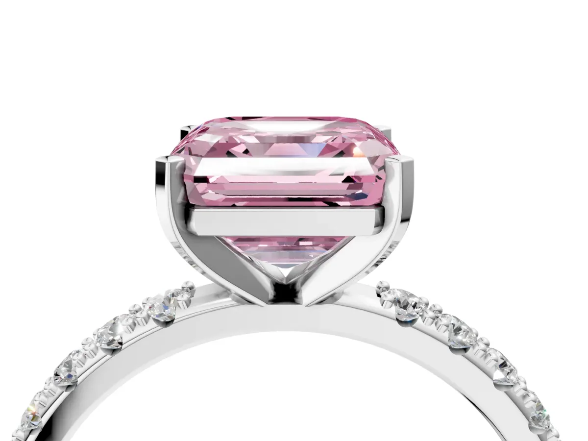 Fancy Pink Asscher Cut Diamond Solitaire Pavé Band with Four-Prong Setting Platinum