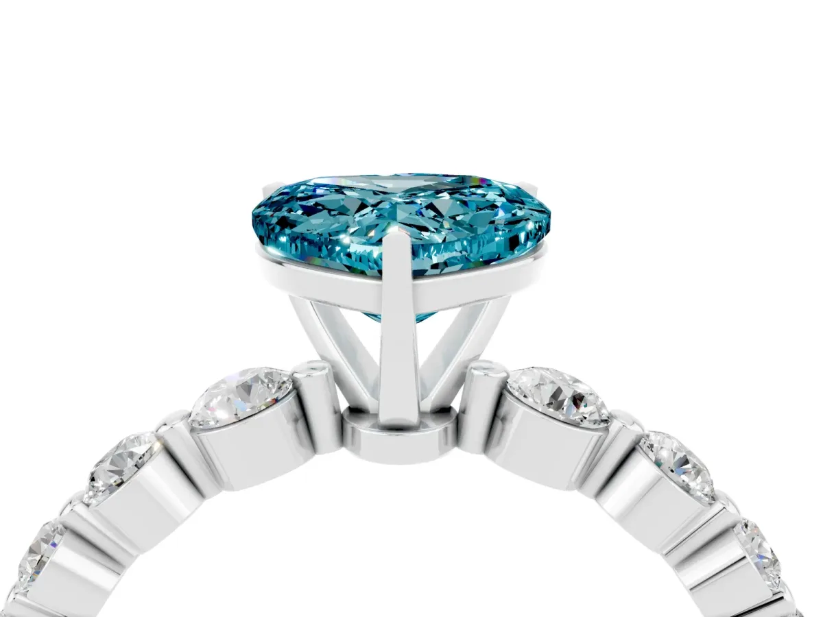 Heart Cut Solitaire Blue Topaz Ring with Pave Band and Four-Prong Setting Silver