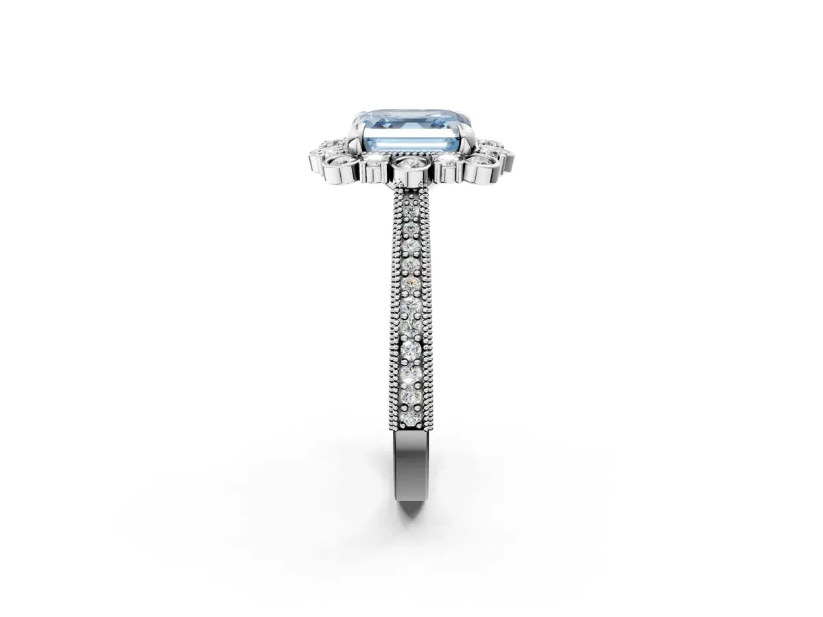 Fancy Blue Asscher Cut Halo Milgrain Pave Diamond Ring with Four-Prong Setting Platinum