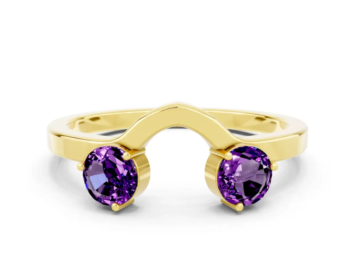Dual Round Amethyst Open Band Ring with Prong Setting Yellow gold