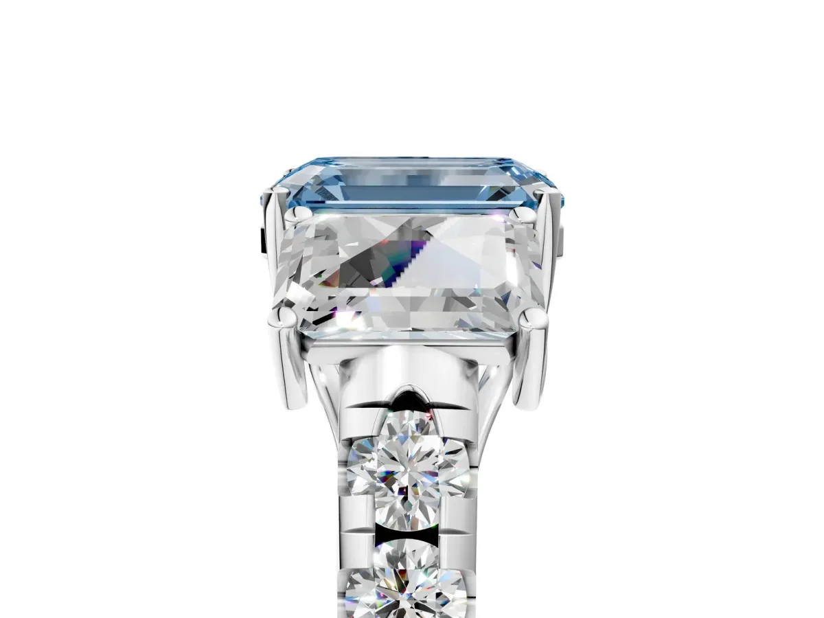 Fancy Blue Three-Stone Emerald Cut Diamond Pavé Band with Prong Setting Platinum